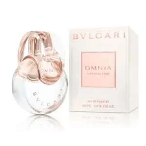 Perfume Bvlgari Omnia Crystalline Eau de Toilette de 100 ml con frasco circular transparente y detalles metálicos en caja blanca.