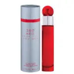 Perfume 360 Red para hombre Perry Ellis en envase cilíndrico rojo de 50 mL junto a su caja plateada con detalles rojos.