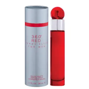 Perfume 360 Red para hombre Perry Ellis en envase cilíndrico rojo de 50 mL junto a su caja plateada con detalles rojos.