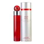 Perfume Perry Ellis 360 Red para hombre en presentación de 100 mililitros, con botella cilíndrica roja y empaque metálico cilíndrico plateado.
