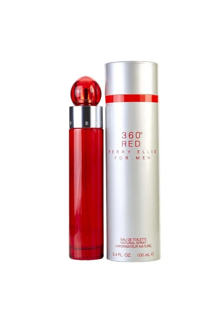 Perfume Perry Ellis 360 Red para hombre en presentación de 100 mililitros, con botella cilíndrica roja y empaque metálico cilíndrico plateado.