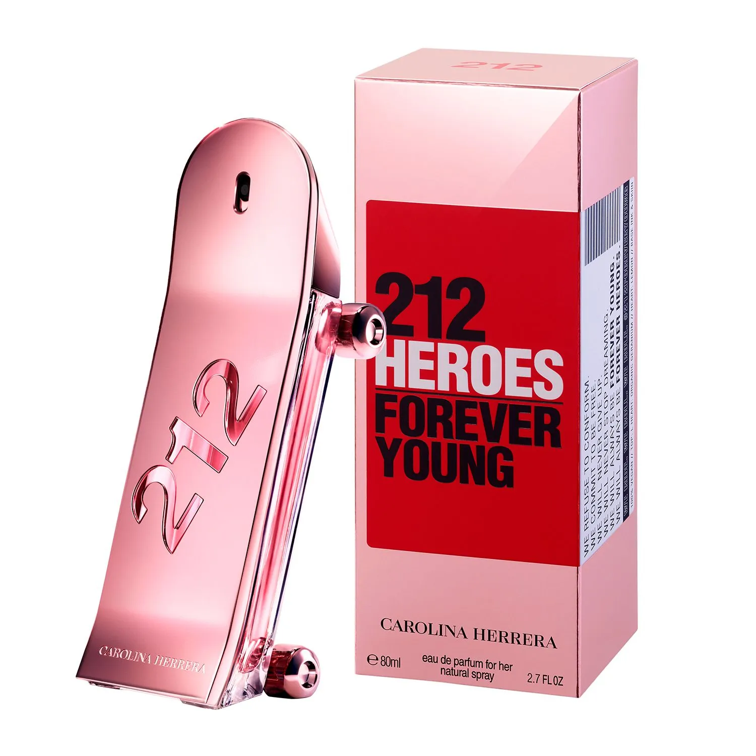 Perfume 212 Heroes de 80 ml para mujer, botella metálica rosa con forma de patineta y caja a juego.
