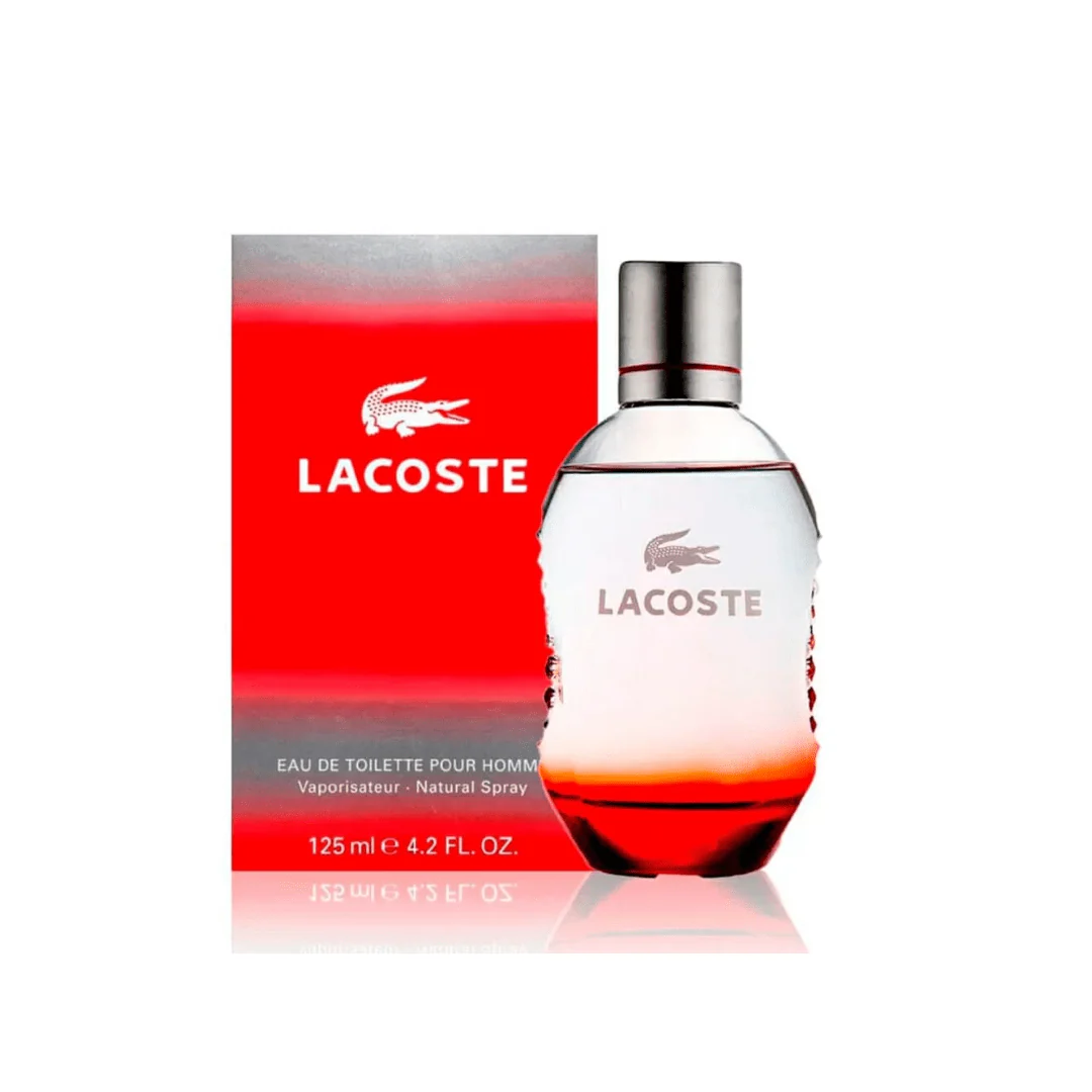 Perfume Lacoste Red Eau de Toilette de 125 ml con botella transparente y base roja en caja a juego.