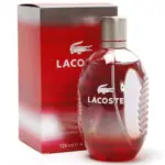 Perfume Lacoste Red Eau de Toilette de 125 ml, botella ovalada roja translúcida con relieves laterales y caja roja a juego.