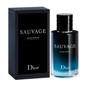 Botella de perfume Dior Sauvage Eau de Parfum de vidrio azul degradado oscuro, con atomizador y caja negra de presentación.