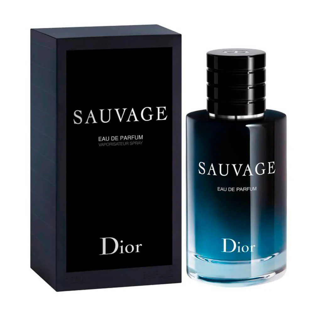 Botella de perfume Dior Sauvage Eau de Parfum de vidrio azul degradado oscuro, con atomizador y caja negra de presentación.