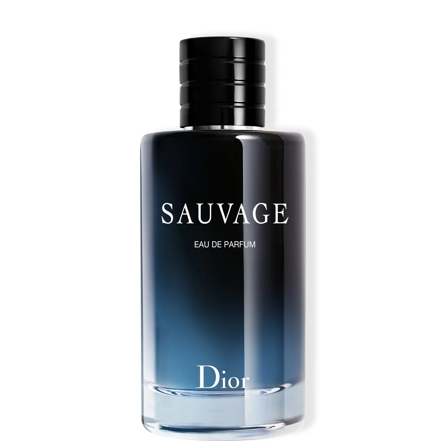 Botella cilíndrica de perfume Dior Sauvage Eau de Parfum para hombre, con degradado de azul oscuro a negro y tapón cilíndrico estriado negro.