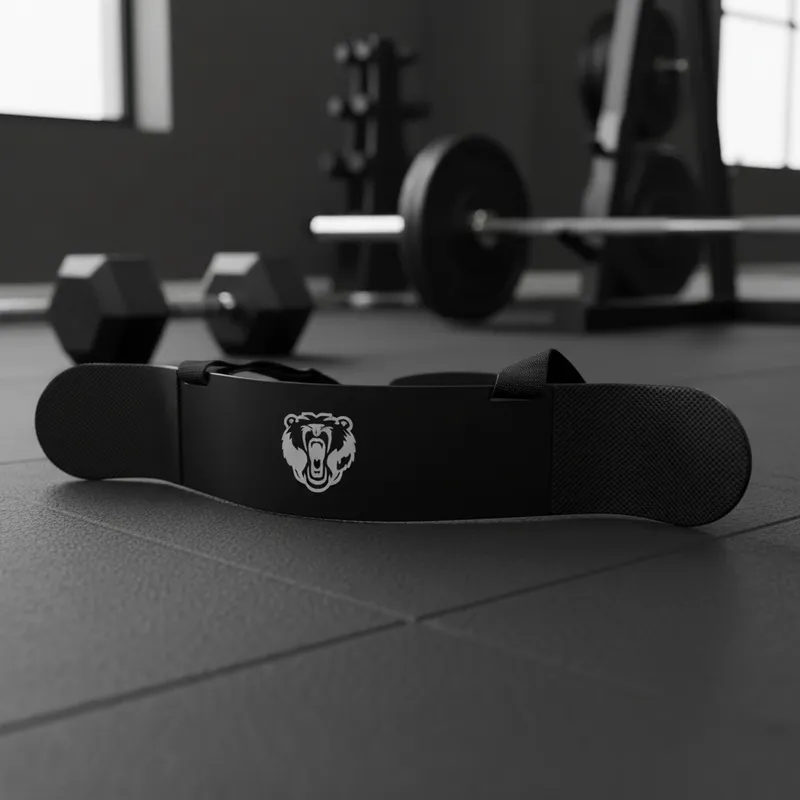 Arm Blaster negro para aislamiento de bíceps con logo de oso blanco, sobre piso de gimnasio con equipo de pesas al fondo.
