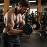 Hombre en gimnasio usando arm blaster negro de soporte rígido para aislar bíceps, bloqueando codos durante ejercicio con mancuerna.