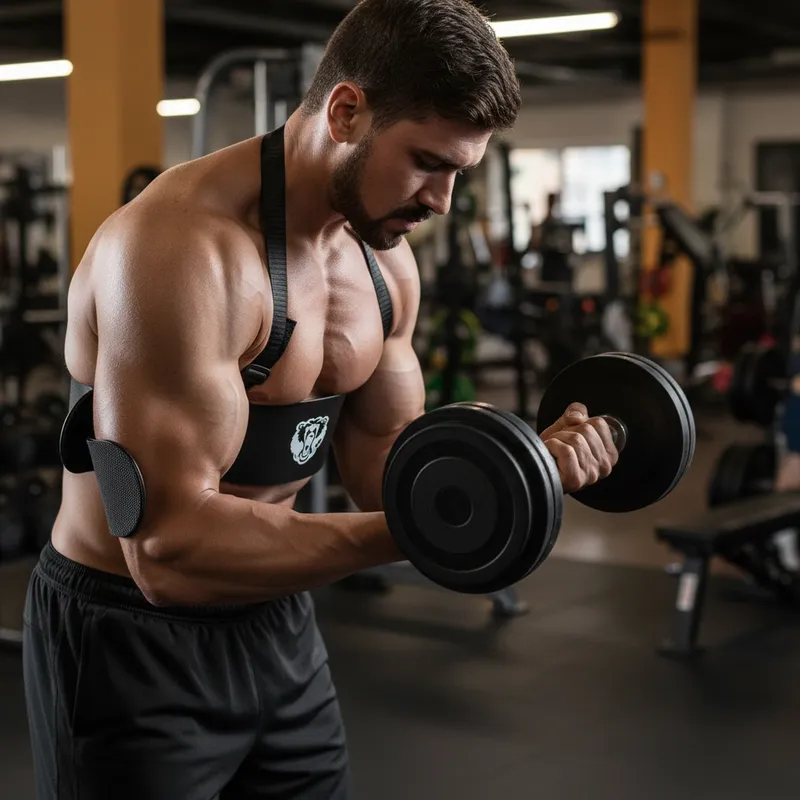 Hombre en gimnasio usando arm blaster negro de soporte rígido para aislar bíceps, bloqueando codos durante ejercicio con mancuerna.