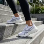 Zapatillas Asics Novablast blancas con amortiguación y suela alta de running, usadas por una persona subiendo escaleras de piedra.