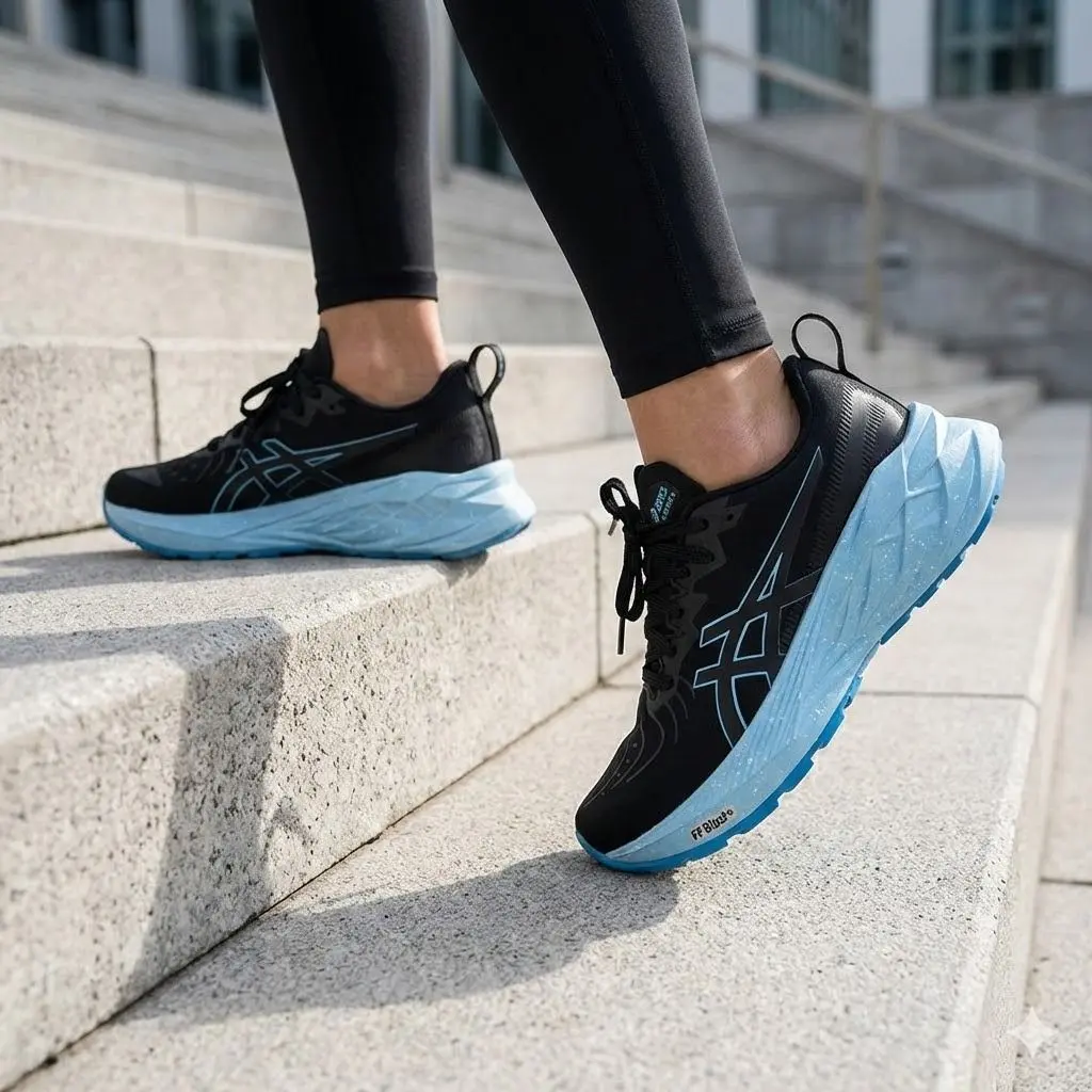 Zapatillas Asics negras con suela alta de espuma celeste con motas, usadas para caminar y correr en escaleras urbanas.