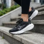 Zapatillas negras Asics con suela blanca gruesa amortiguada, usadas por persona descendiendo escaleras en exterior.