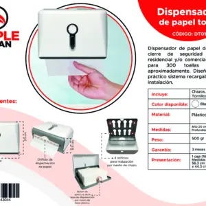 Dispensador de papel toalla blanco en plástico ABS, dimensiones de 27 por 20 por 10 cm, incluye kit de instalación con chazos, tornillos y llave.