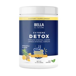 Tarro blanco de suplemento Extreme Detox sabor piña en polvo, contenido de 14.1 oz y 400 gramos, con diseño azul e de intestino y piñas.