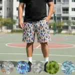 Pantaloneta cargo de viaje para hombre con estampado tropical blanco, negro y naranja, mostrando cinco variantes de colores y patrones botánicos.