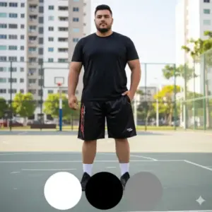 Pantaloneta cargo negra para hombre con detalle rojo lateral, de tela transpirable, en un entorno deportivo urbano.