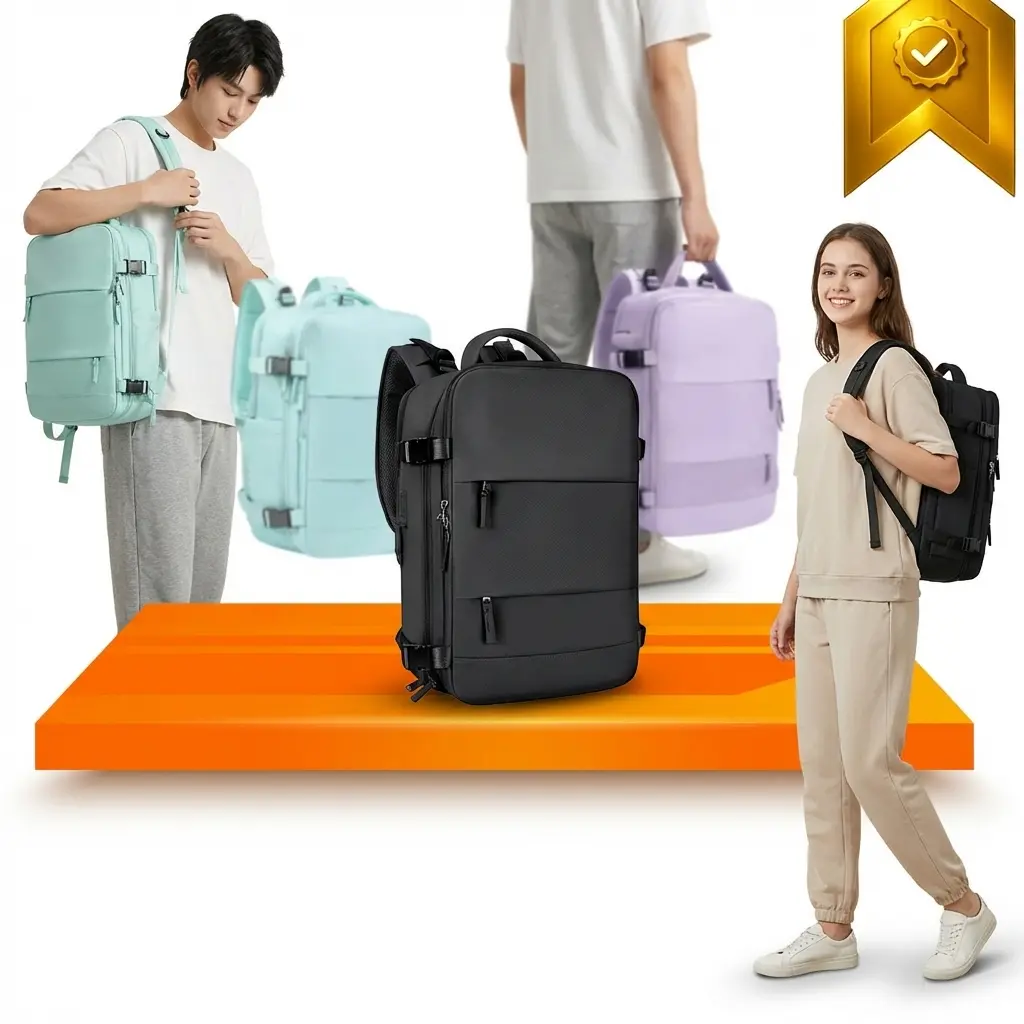 Mochila de viaje abierta mostrando organización interna