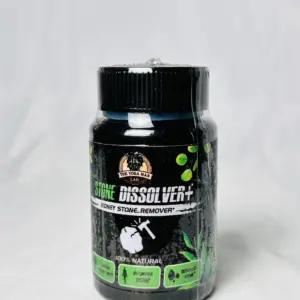 Frasco negro de suplemento renal Stone Dissolver+ con etiqueta de diseño botánico verde y negro, presentado de frente sobre fondo blanco.