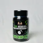 Frasco negro de suplemento renal Stone Dissolver+ con etiqueta verde y blanca para la eliminación de cálculos, fondo blanco neutro.