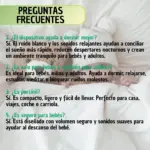 Bebé durmiendo con oso de peluche bajo sábanas blancas junto a infografía con preguntas frecuentes sobre máquina de ruido blanco portátil.