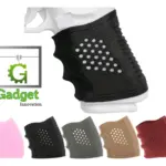 Grip de goma ergonómico para herramientas con textura perforada, mostrado en negro sobre mango y en variantes rosa, gris, beige y rojo.