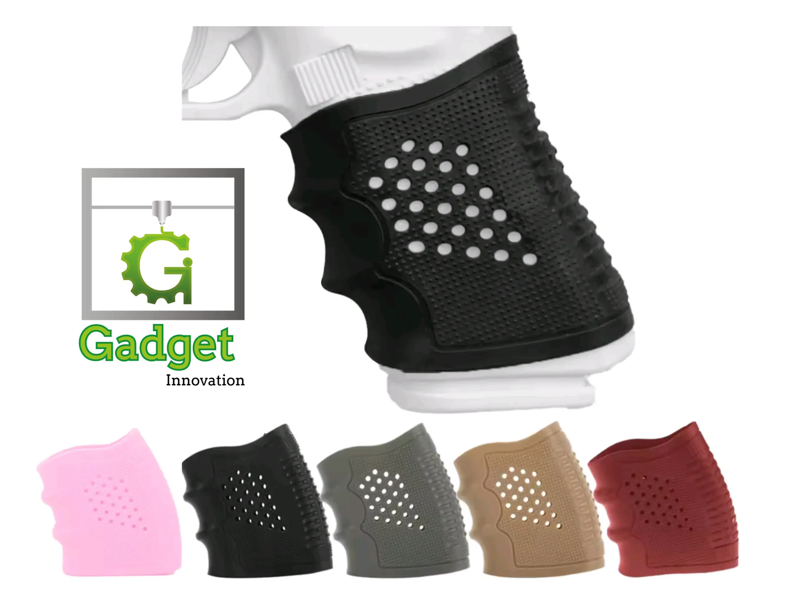 Grip de goma ergonómico para herramientas con textura perforada, mostrado en negro sobre mango y en variantes rosa, gris, beige y rojo.