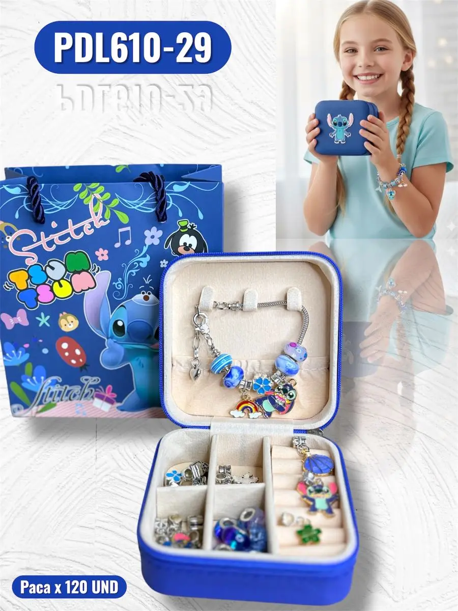 Set de manilla Stitch con dijes coloridos, estuche rígido azul con compartimentos y bolsa de regalo con diseño temático de Stitch.