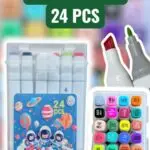 Kit de 24 marcadores artísticos de doble punta en estuche plástico transparente, con diseño espacial y detalle de puntas biselada y fina.