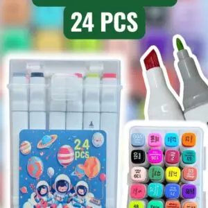 Kit de 24 marcadores artísticos de doble punta en estuche plástico transparente, con diseño espacial y detalle de puntas biselada y fina.