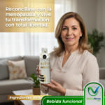 Mujer sonriente sostiene botella blanca y dorada de bebida funcional Serenia Nutranova en sala iluminada con texto promocional sobre menopausia.