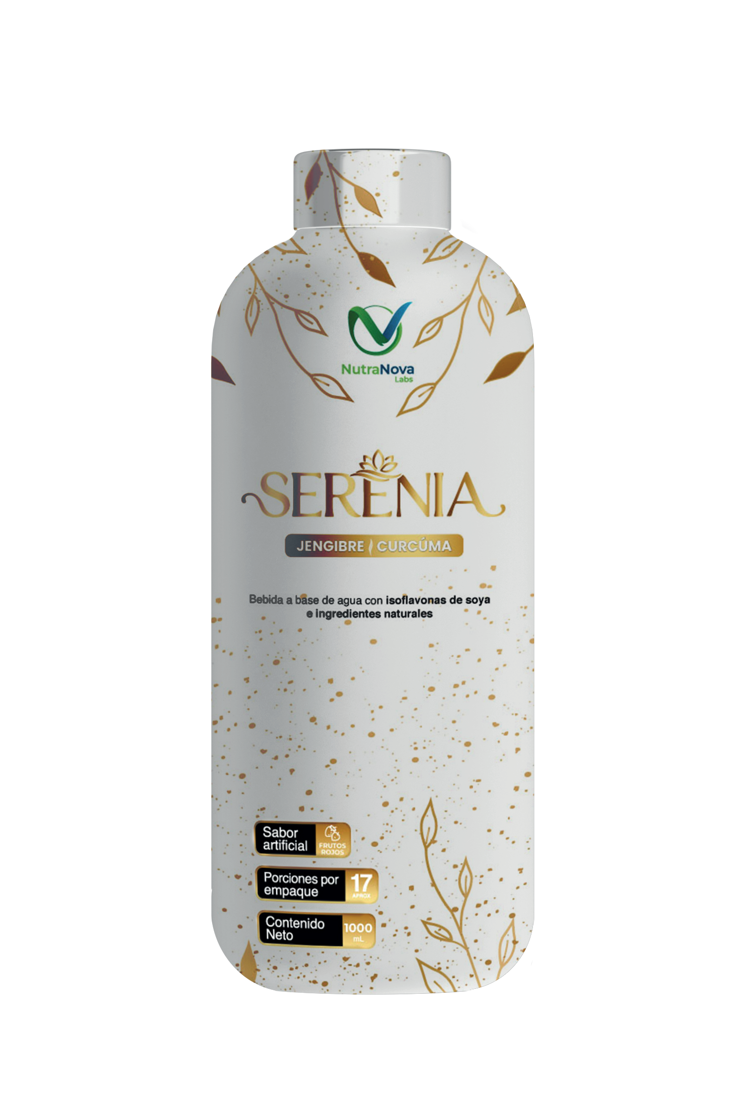 Botella blanca de 1000 ml con tapa gris, diseño dorado de hojas, marca Nutranova y etiqueta Serenia con jengibre y cúrcuma.