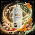 Bebida funcional Serenia Nutranova de 1000 ml en botella blanca, acompañada de raíz de jengibre fresco, cúrcuma y frutos rojos sobre fondo dorado.