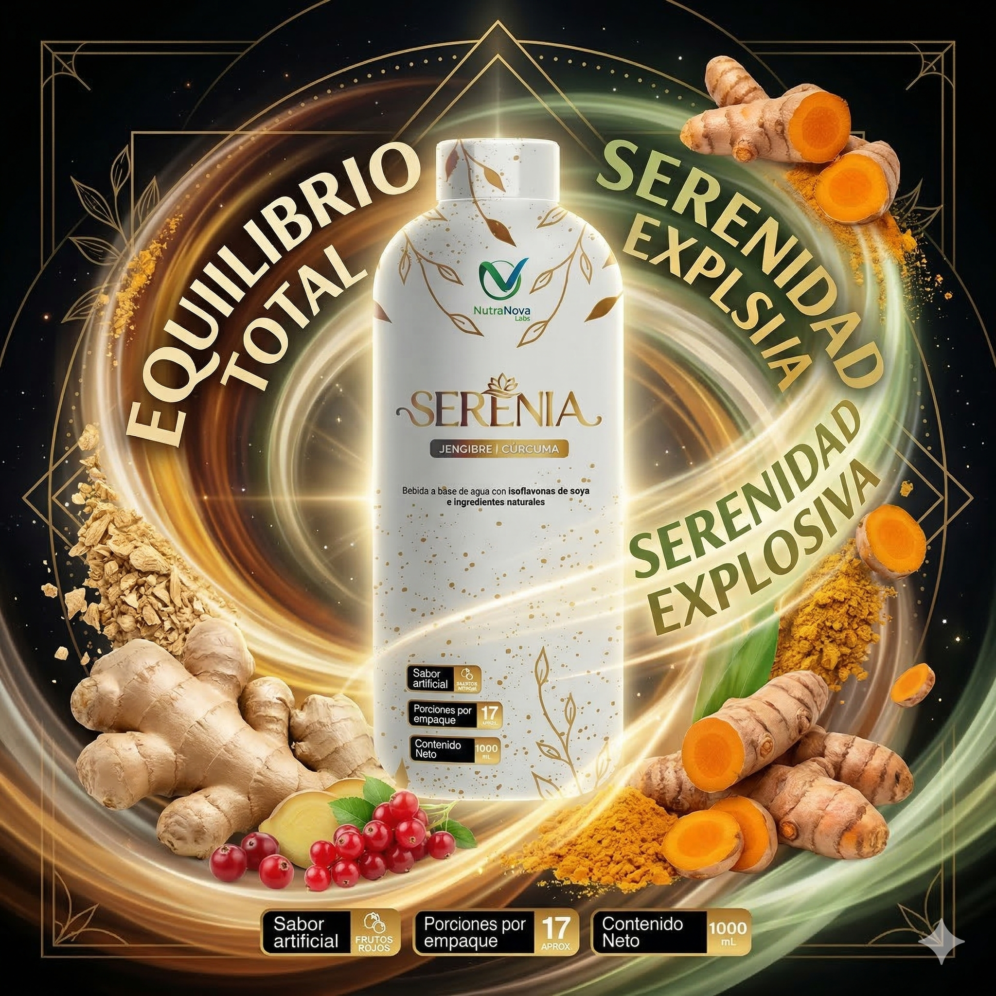 Bebida funcional Serenia Nutranova de 1000 ml en botella blanca, acompañada de raíz de jengibre fresco, cúrcuma y frutos rojos sobre fondo dorado.