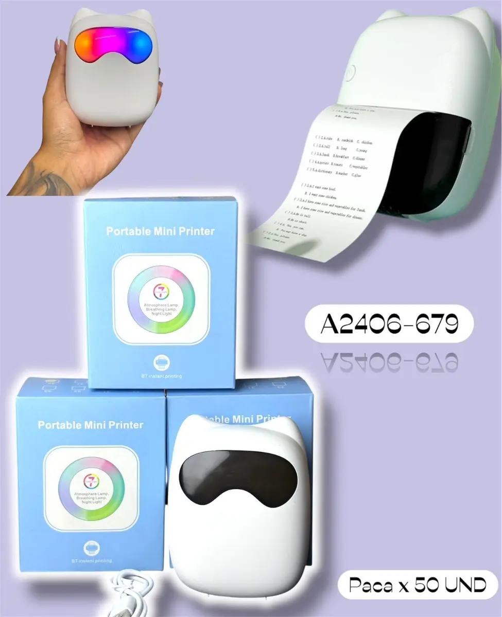 Mini impresora térmica portátil blanca con diseño de orejas de gato, luz RGB y conectividad Bluetooth, acompañada de cajas de empaque azules y cable USB.