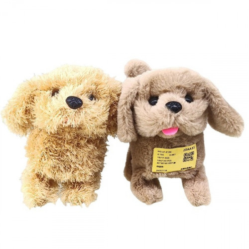 Dos perros de peluche interactivos, uno rubio y otro café con etiqueta amarilla visible, diseñados para estimular el gateo y la motricidad infantil.