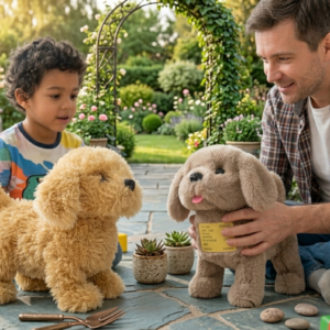 Perro de peluche interactivo beige claro que camina, con etiquetas y accesorios, junto a niño y adulto en jardín.