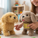 Niña interactuando con dos perros de peluche mecánico sobre una alfombra, uno dorado claro y otro café claro con etiqueta amarilla visible en el pecho.