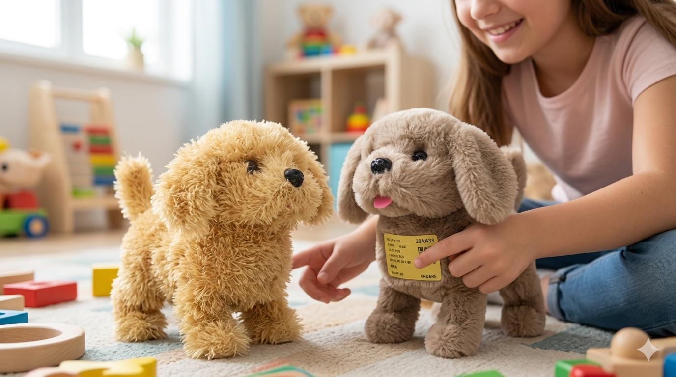 Niña interactuando con dos perros de peluche mecánico sobre una alfombra, uno dorado claro y otro café claro con etiqueta amarilla visible en el pecho.