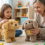Niña y abuela jugando en el suelo con dos perros de peluche interactivos marrón claro, suaves y peludos, ideales para estimular el gateo infantil.