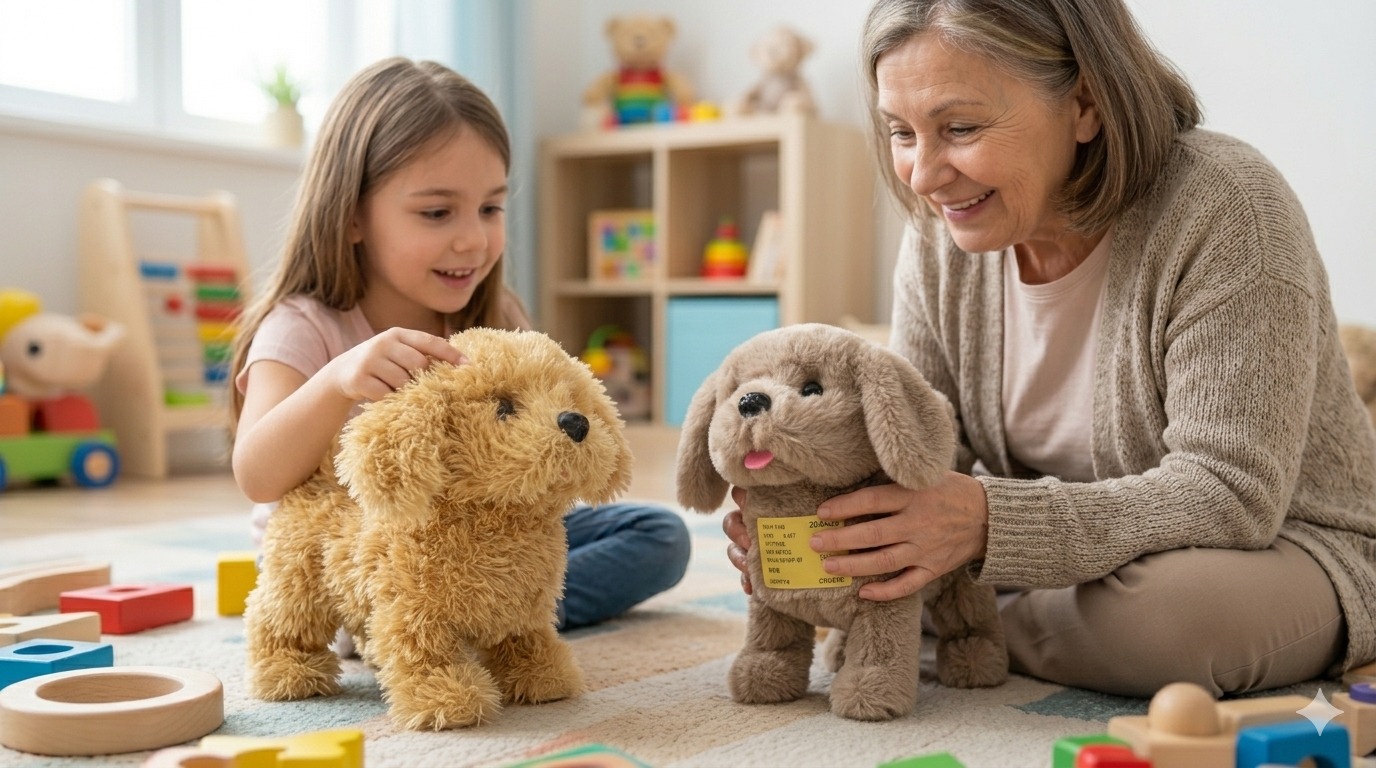 Niña y abuela jugando en el suelo con dos perros de peluche interactivos marrón claro, suaves y peludos, ideales para estimular el gateo infantil.