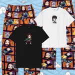 Pijama de anime para pareja con dos pantalones de estampado colorido y dos camisetas, una negra con Tanjiro y una blanca con Nezuko.