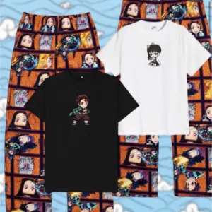 Pijama de anime para pareja con dos pantalones de estampado colorido y dos camisetas, una negra con Tanjiro y una blanca con Nezuko.