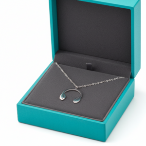 Collar de acero inoxidable plateado con dije de audífonos y detalles turquesa, presentado en una caja de regalo color turquesa.