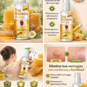Spray eliminador de verrugas con miel y veneno de abeja, frasco atomizador blanco con etiqueta amarilla, en un fondo con panales de abejas.