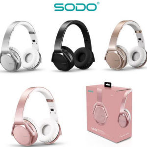 Audífonos inalámbricos Sodo MH3 con copas giratorias en colores plata, negro y oro rosa, junto a su caja de empaque.