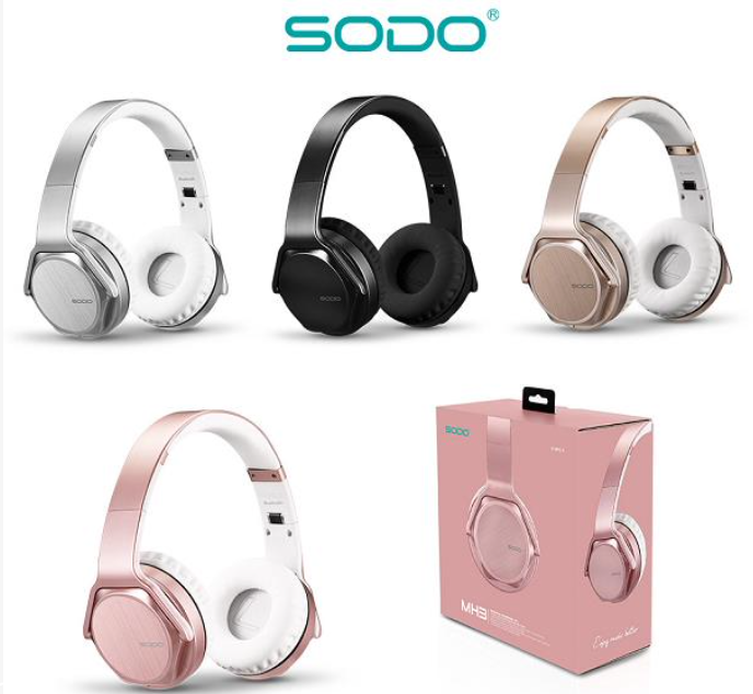Audífonos inalámbricos Sodo MH3 con copas giratorias en colores plata, negro y oro rosa, junto a su caja de empaque.