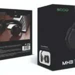 Empaque frontal y posterior de audífonos inalámbricos Sodo MH3 negros, con detalles del modelo y ejemplo de uso junto a un computador portátil.