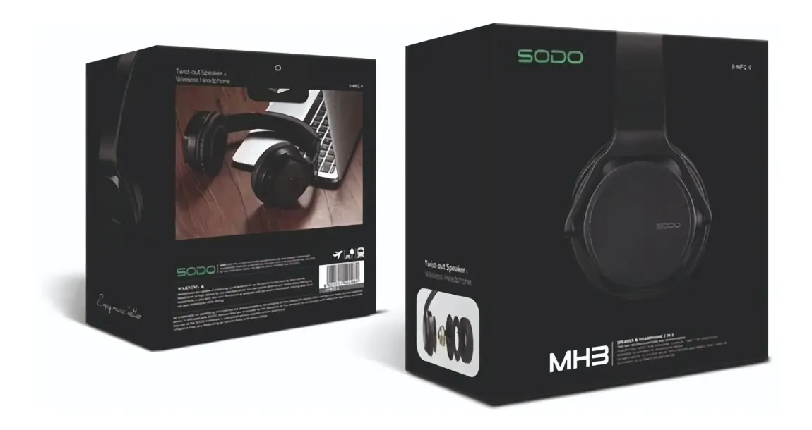 Empaque frontal y posterior de audífonos inalámbricos Sodo MH3 negros, con detalles del modelo y ejemplo de uso junto a un computador portátil.