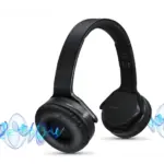 Audífonos inalámbricos Sodo MH3 negros con copas giratorias hacia afuera para modo altavoz, con ondas de sonido azules.